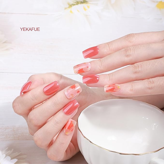 No Lamp Gel Nail Strips 44 Pcs Wraps - White Red + Maple Orange, Easy Apply Gel Nail Stickers Long Lasting, Salon-Quality, 4 Prep Pads, 2 File, 2 Wooden Stick