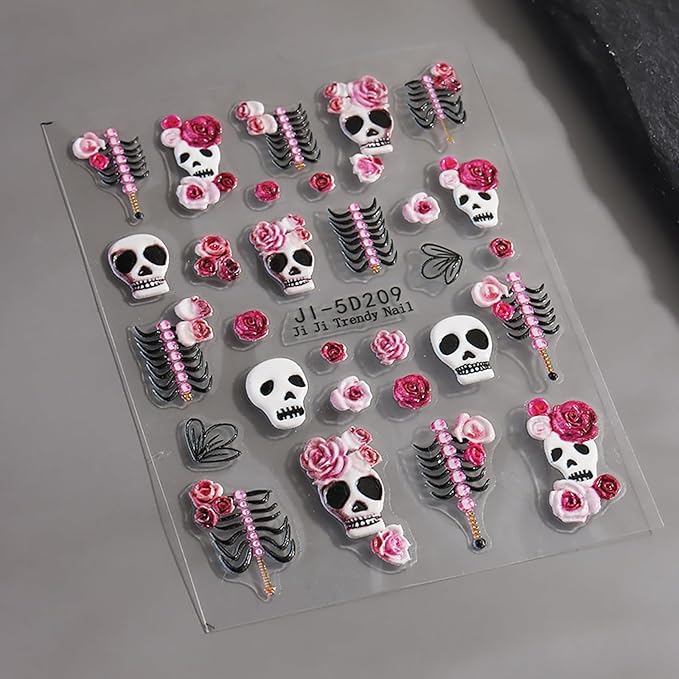 Skull Nail Art Stickers Halloween Pink Red Rose Skeleton Hand Bone Nail Decals 5D Embossed Self-Adhesive Nail Art Supplies White Skull Nail Design Manicure Sliders for Women Nail Decorations 2PCS