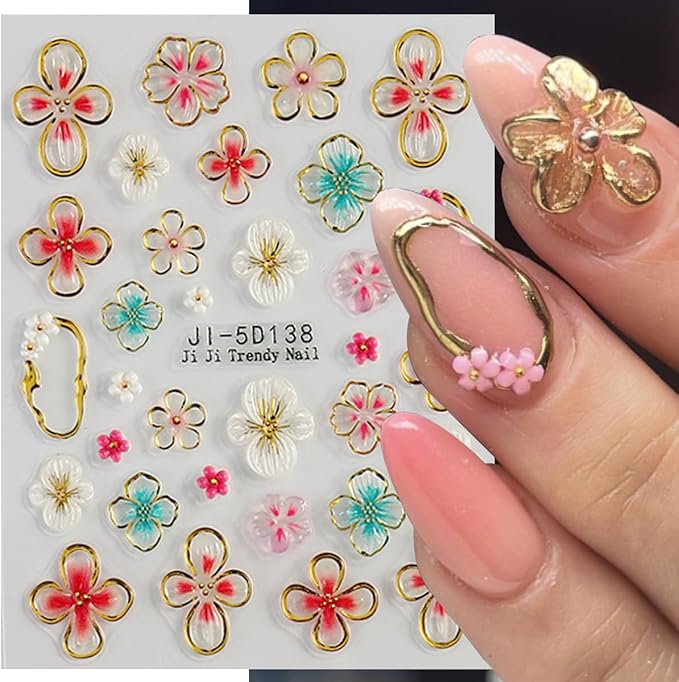 Flower Nail Stickers 5D Hibiscus Flower Stickers for Nails Lily Floral Nail Decals Self Adhesive Nail Art Design Sticker para Uñas Summer Nail Art Sticker for Women DIY Acrylic Nails Decor 2 Sheets