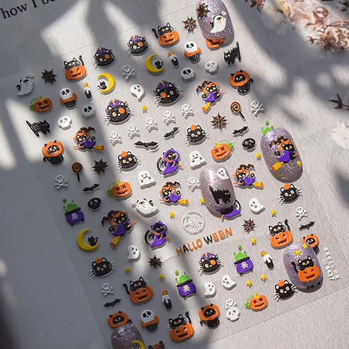 Halloween Nail Stickers for Nail Art Ghost Pumpkin Nail Art Stickers Black Cat Skull Nails Design Decals Halloween Nail Supplies for Women DIY Manicure Decoration Accessories