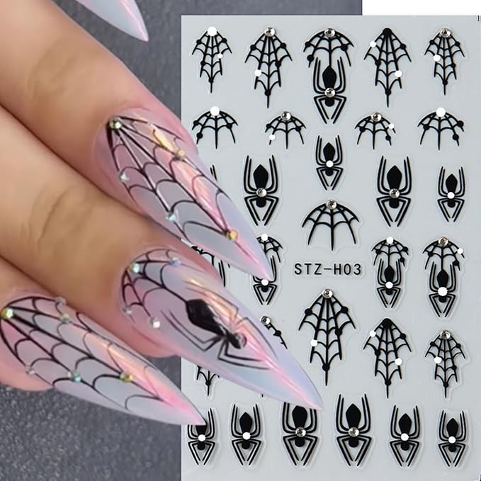 4 Sheets Halloween Nail Stickers for Nail Art, Spider Nail Decals Self Adhesive Black Nail Art Stickers Spider Web Nail Decorations with Rhinestone Halloween Manicure Supplies for Women and Girls