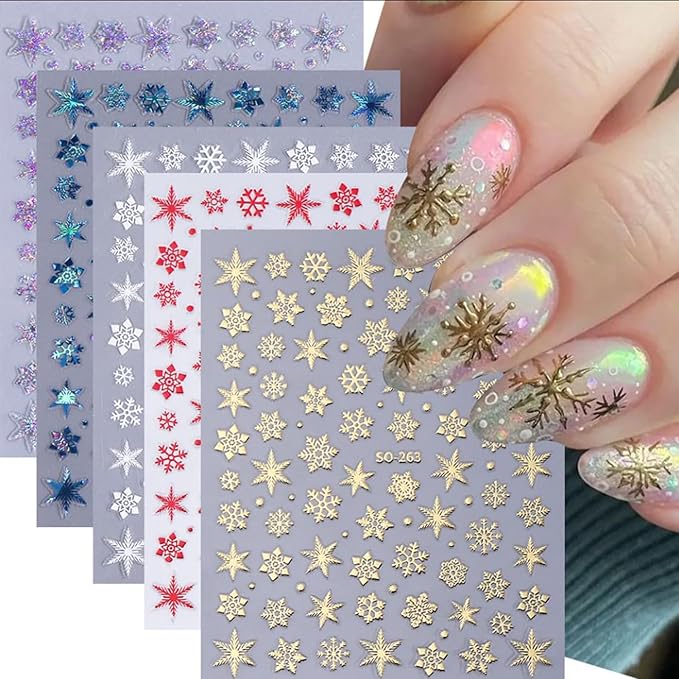 Christmas Nail Art Stickers Snowflake Nail Stickers for Nail Art 3D Self Adhesive Nail Decals Bronzing Gold Red White Laser Design Holographic Nail Sticker for Women Manicure Decor 5 Sheets