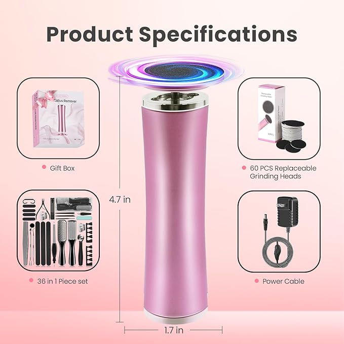 Electric Foot Callus Remover with 36 in 1 Pedicure Kit | Adjustable Speed | Up to 800 RPM | 60 Pcs Sandpaper Discs | Professional Electric Callus Remover for Feet for Dead Skin and Calluses