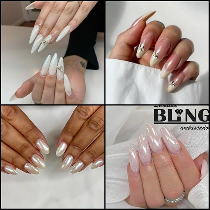 2Pcs White Chrome Nail Powder Moonlight Pearl Powder for Nails, Magic Clear Pearlescent Aurora Mirror Effect Gel Nail Glitter Powder Nails Art Design