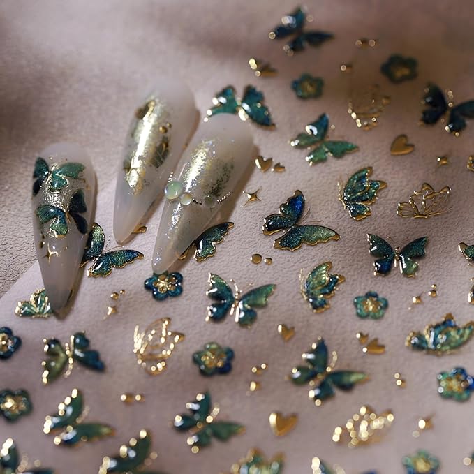 Butterfly Nail Stickers for Nail Art 5D Embossed Flower Nail Art Stickers Green Red Gold Butterfly Nail Decals Self-Adhesive Spring Summer Nail Design for Women Girls 2Sheets