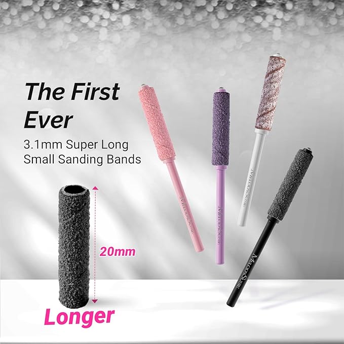 MelodySusie 50 Pcs Nail Drill Bits Super Long Small Sanding Bands with 3.1mm Crystal Mandrel Bit, 120 Medium Grit Nail File for Acrylic Nails Gel Manicures and Pedicure, Black