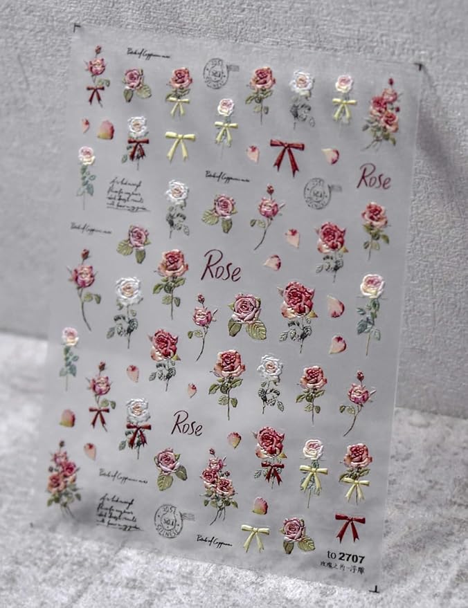 Retro Rose Nail Stickers 5D Embossed – Premium Salon-Quality Floral Nail Charm Accessories, Easy Application & Self-Adhesive Roses Red Flower Decal for DIY Manicure, Nail Art, Press on, Home or Salon