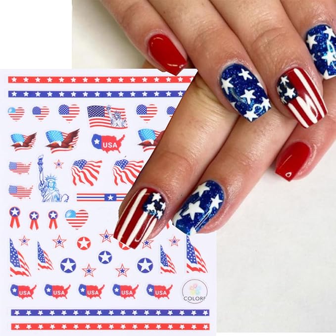 6 Sheets 4th of July Nail Art Stickers 3D Self Adhesive Independence Day Nail Stickers American Flag Patriotic Design Sticker Supplies Pegatinas Uñas Firework Nail Sticker for Women Acrylic Manicure