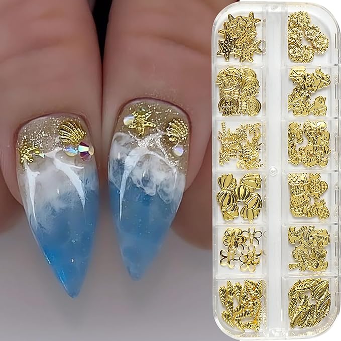 Gold Stars Moon Nail Accessories Golden Metal Shell Seahorse Jellyfish Nail Art Glitter Sequins 3D Golden Flower Nails Supplies Jewelry Studs Nail Decoration Kit Suitable for Women Acrylivc Nail