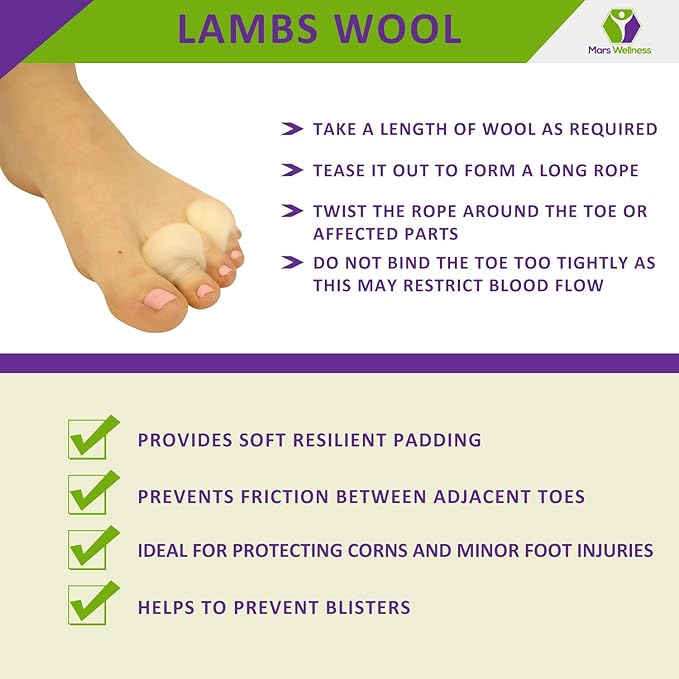 Lambs Wool for Feet Super Soft Cushioning and Toe Seperator - 3/8 oz - Lambs Wool for Toes for Hiking, Dance, Walking and Running - 4 Pack
