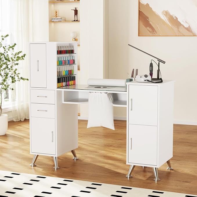 Manicure Table Nail Station w/Glass Top, Dust Collector, 4 Dust Bags, Storage Drawers & Cabinets, Nail Desk Beauty Salon Workstation (White)