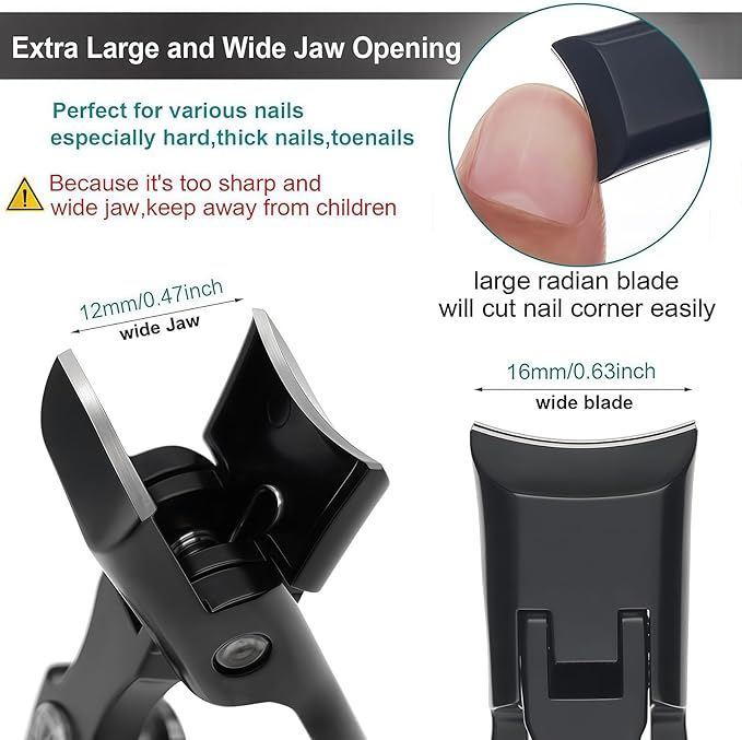 Nail Clippers for Men Thick Nails for Seniors, Large Wide Jaw Opening Portable Ultra Sharp Fingernail and Toenail Clipper Cutters with Catcher for Women, Heavy Duty Stainless Steel, Black
