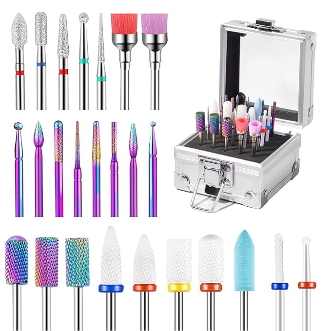 25Pcs Nail Drill Bits Set with Holder, 3/32 Inch Ceramic Tungsten Carbide Diamond Nail Drill Bit Cuticle Efile Remover for Home Salon Manicure Pedicure Acrylic Gel Polish