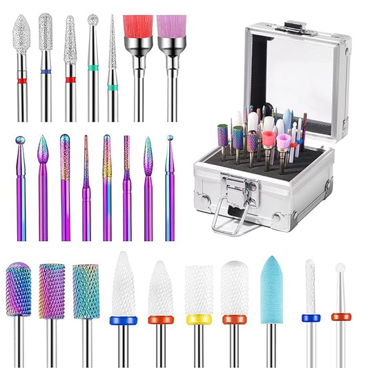 25Pcs Nail Drill Bits Set with Holder, 3/32 Inch Ceramic Tungsten Carbide Diamond Nail Drill Bit Cuticle Efile Remover for Home Salon Manicure Pedicure Acrylic Gel Polish