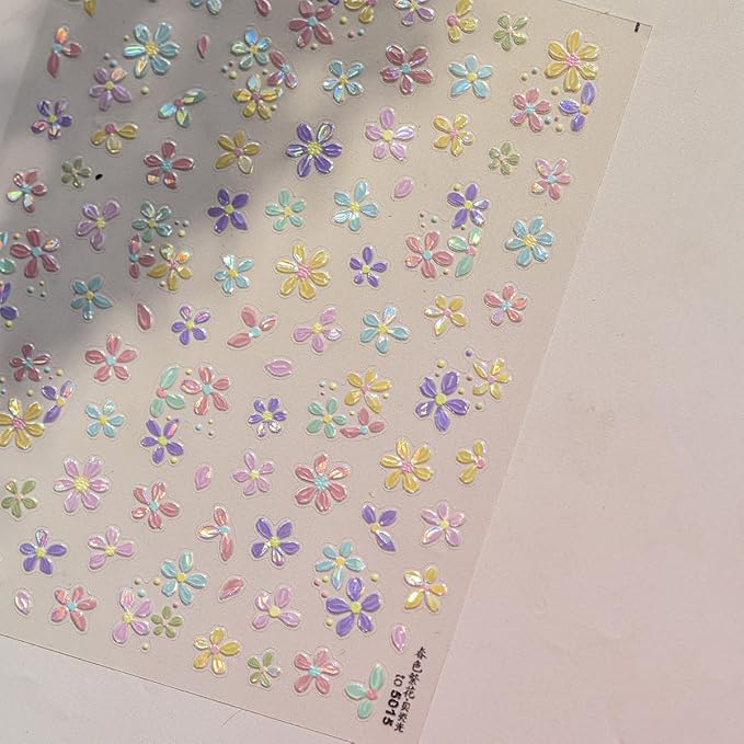 1 Sheet Colorful Flower Nail Stickers, 5D Embossed Self-Adhesive Nail Decals, Summer Glossy Floral Nail Design Stickers for Women DIY Spring Floral Manicure Decoration Supplies