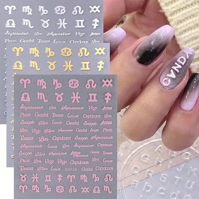 6 Sheets Letters Nail Art Stickers for Nail Art 3D Self-Adhesive Gold Silver Pink Initial Alphabet Nail Decals English Alphabet Nail Stickers Nail Art Supplies for Women Girls DIY Manicure Salon