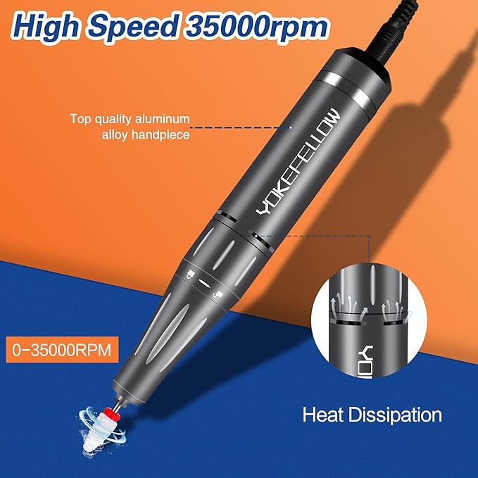 YOKE FELLOW Nail Drill Machine - 35000RPM Electric Nail File Nail Drills for Acrylic Nails Professional with 6 Drill Bits for Manicure Pedicure Home DIY Salon Use