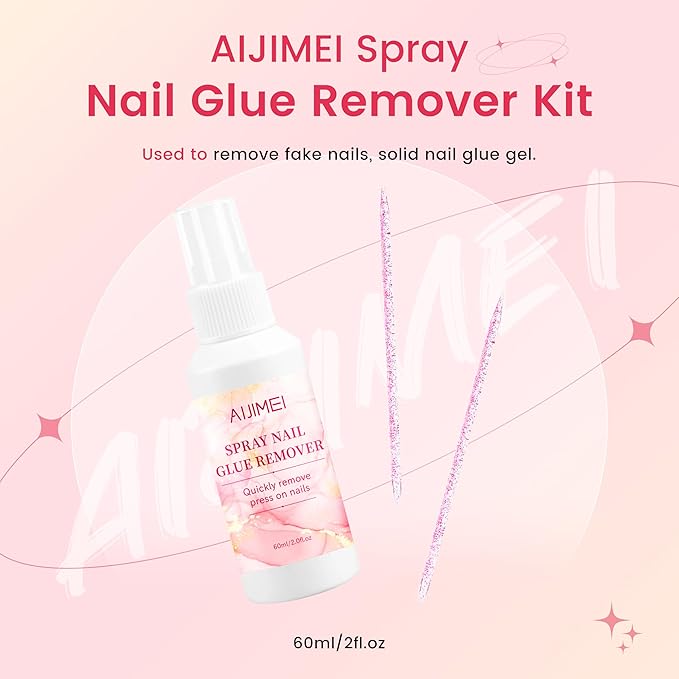 AIJIMEI Spray Nail Glue Remover 60ml 2fl.oz for Press on Nails Remove Solid Glue Gel Flase Tips with 2pcs Crystal Rod Nail Art Kit for Home