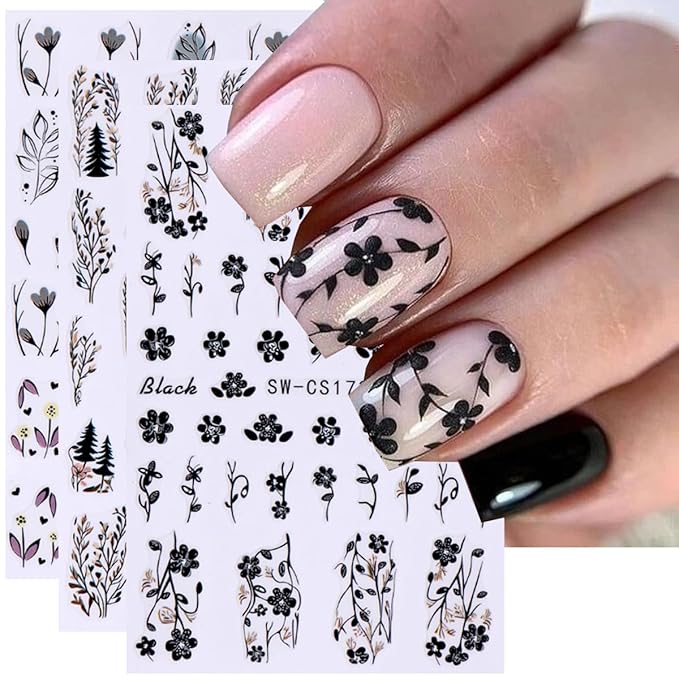 8Sheets Fall Leaves Nail Art Stickers, 3D Black Leaf Flowers Love Autumn Leaves Adhesive Nail Stickers Nail Supplies Flower Designs Slider Decal for Women Nail Decorations Thanksgiving Day Accessories