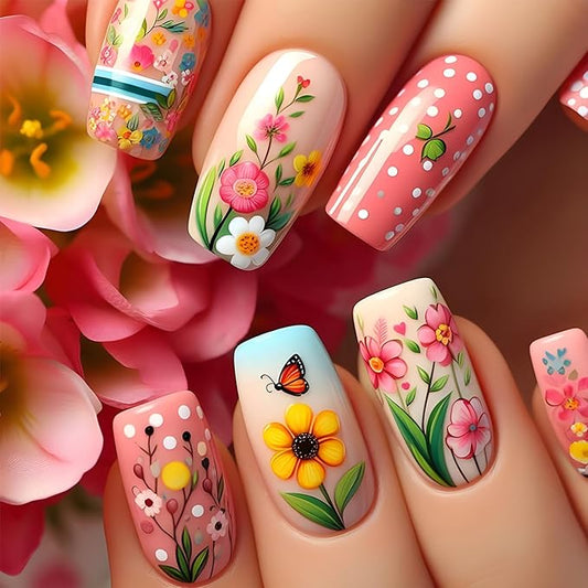 Flower Press on Nails Medium Ballet Shaped Spring Summer False Nail Colorful Floral Butterfly Pattern Design Artificial Stick on Nail Press Ons with Blossom Design Acrylic Glue on Nails for Women
