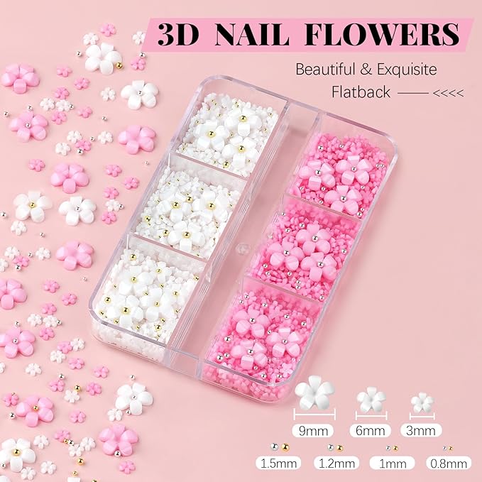 3D Flowers, Manicure Kit with Gel Glue, White Pink Acrylic Flower Nail Charms with Caviar Beads, Rhinestones + Gem Glue for Nails (UV/LED Needed) with Dotting & Pickup Tools