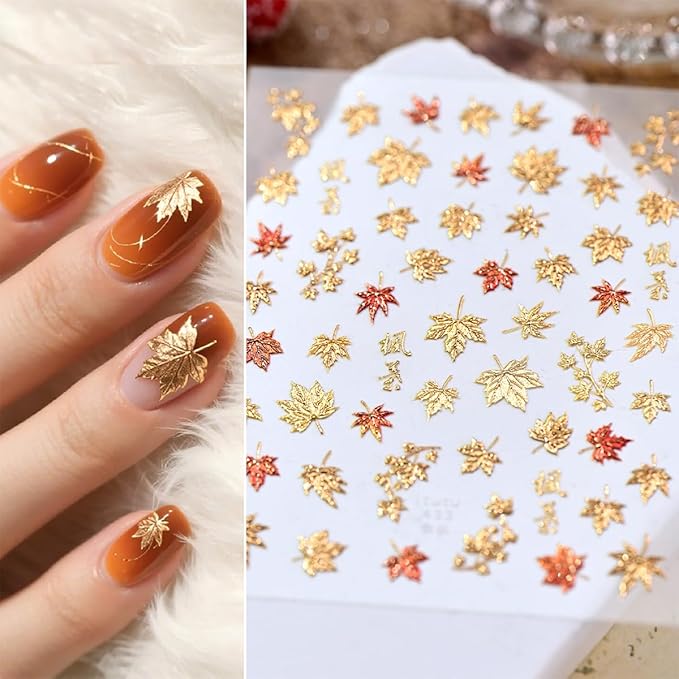 5D Embossed Autumn Maple Leaves Nail Art Stickers Decals Self-Adhesive Fall Nail Stickers Shiny Gold Maple Leaf Nails Design Sticker for Autumn Thanksgiving Day Women DIY Manicure Decorations 1Pcs