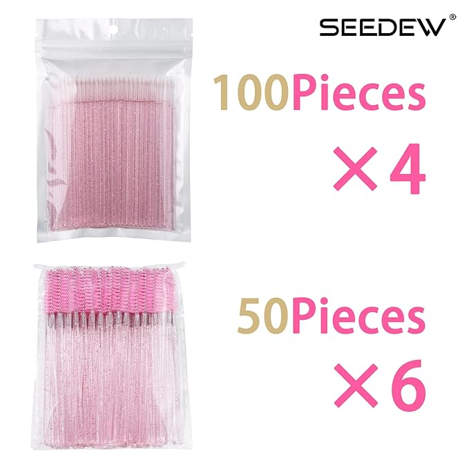 (400+300 Pieces) Pink Crystal Handle - 400 Cotton Swabs + 300 Brushes for Lash Extensions, Makeup (Simple Packaging)-(Crystal Pink)