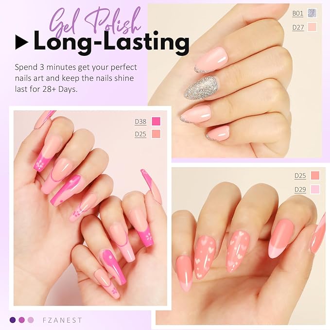 FZANEST Gel Nail Polish Set,Ligh Pink Neon Pink Sliver Glitter Gel Polish Nail Kit Soak Off Nail Polish Home DIY Manicure Nail Salon Varnish Spring Summer Colors