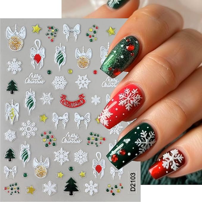 6 Sheets Christmas Nail Stickers, Christmas Tree Bell Snowflake Nail Art Stickers 3D Self-Adhesive Nail Art Supplies Santa Claus Elk Design Winter Xmas Nail Decals for Women DIY Holiday Manicure Decor