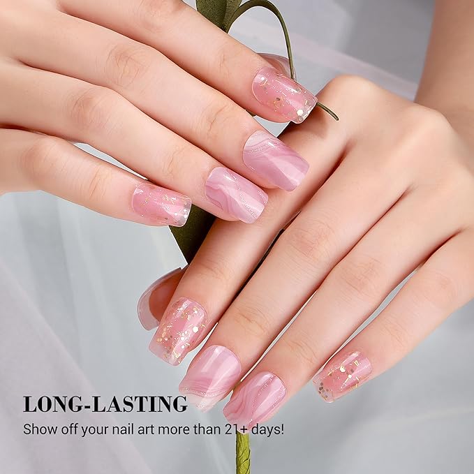 MelodySusie Semi Cured Gel Nail Strips, 20 PCS Gel Nail Stickers, Gel Nail Wraps, UV Light Required, Durable and Salon Quality (Nude Pink Marble)