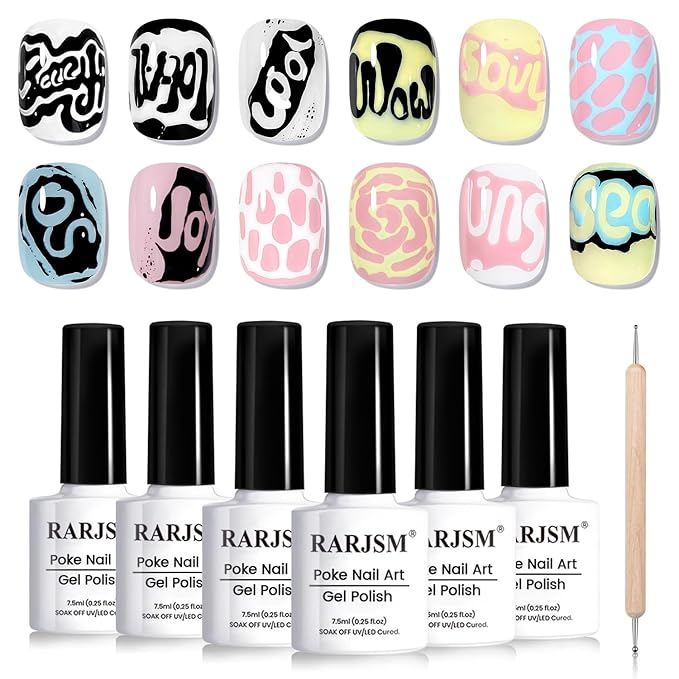 RARJSM Nail Art Poke Gel Nail Polish Set 6pcs Cracked Hole Clear Black White Pink Blue Yellow Poke Crackle Comic Grid Textures Effect Painted Drawing Wave Gelpolish Curing Need Home Salon DIY Design