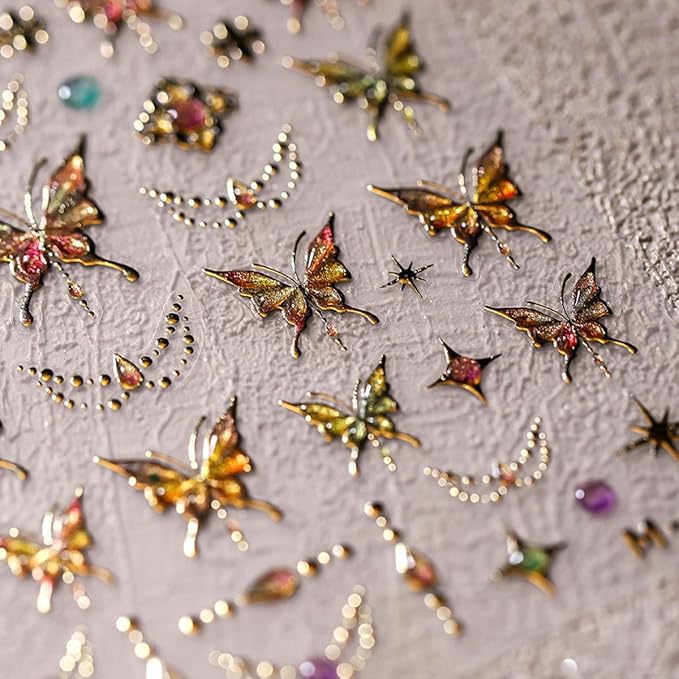 Gold Butterfly Nail Art Stickers - 5D Embossed Butterflies & Flowers Nail Decals - Self Adhesive Luxury Shiny Nail Design Stickers for Women & Men Manicure Decoration