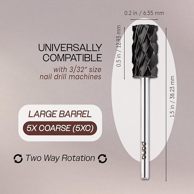 PANA Professional 3/32" Shank Size - Flat Top Large Barrel Carbide Bit - Nail Drill Bit for Dremel Machine (Silver, Gold, DLC Black) (5X Coarse, DLC Black)