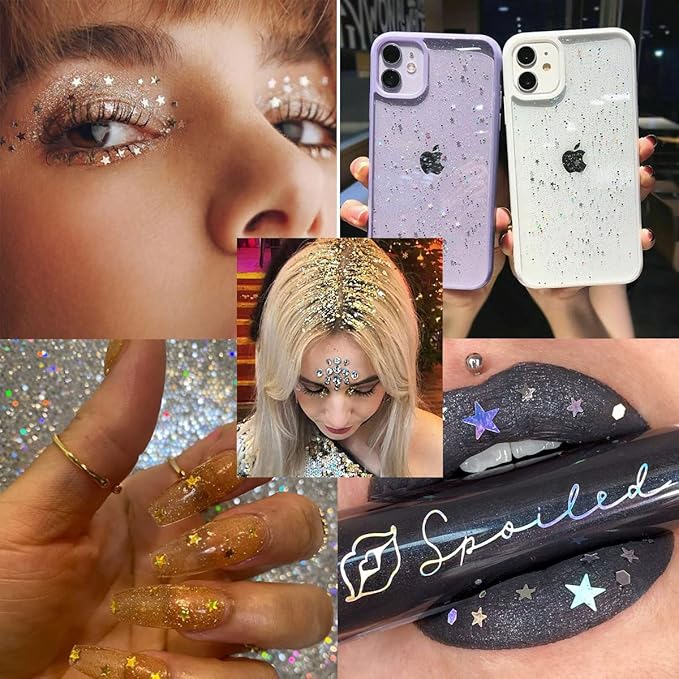 12 Grids Stars Nail Art Glitter Sequins 3D Holographic Nail Glitter Flakes Design Independence Day Acrylic Nail Sequins America 4th of July Star Nail Sequins for Women Girls Decorations