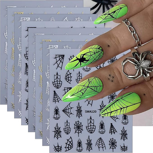 8Pcs Spider Nail Art Stickers 3D Self Adhesive Horror Goth Nail Decals Black White Gold Silver Halloween Nail Stickers Holiday Nail Design Supplies Spider Web Sticker for Women Manicure Decoration