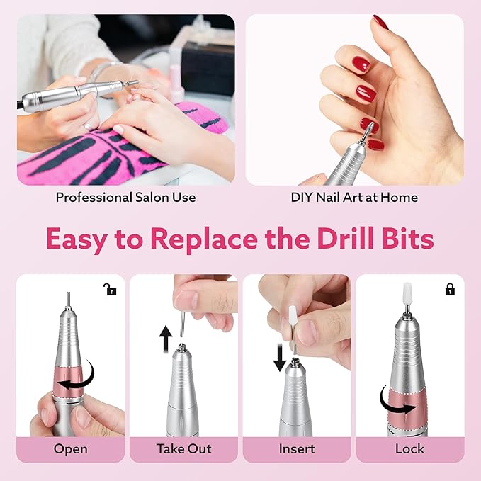 Nimmu Portable Nail Drill Professional, 45000RPM Electric Nail File for Acrylic Nail Remove Gel Polish, Rechargeable Nail Drill Machine with 11 Bits Kit for Manicure Salon Home (Purple)