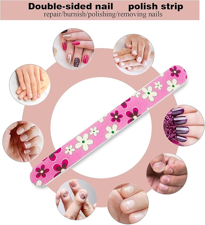 24 Nail Files, Colored Emory Plate Nail Files Double Sided 180 Grains Professional Manicure Emory Plate Buffer Pedicure Tools Nail Shaping Polishing Files (Flower Series, Count, 24, 100/180 Grit)