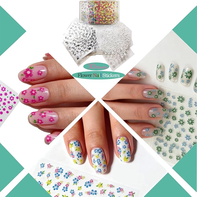 30 Sheets Flower Nail Art Stickers White Black Colorful 3D Self-Adhesive Nail Decals for Women Girls, DIY Manicure Designs Fake Nails Decorations Salon Supplies