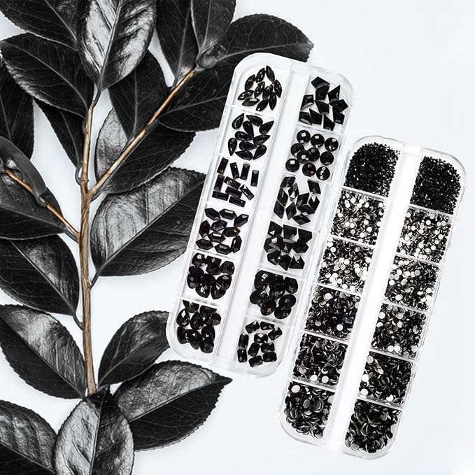 4080Pcs Black Nail Rhinestones Crystal Flatback Jet Black Rhinestones Round Beads Glass Gems Stones Nail Art Gems Diamonds jewels Multi Shapes Sizes Nail Charms for Nails Eyes Makeup DIY Crafts