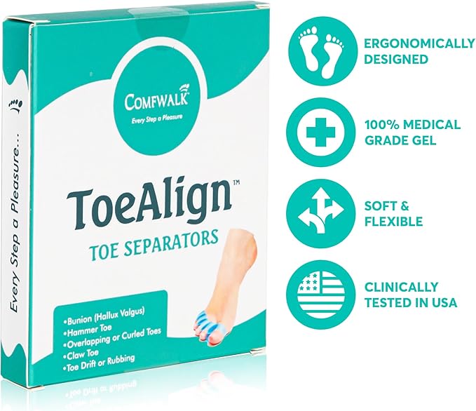 Comfwalk® ToeAlign™ – Toe Separators for Men & Women – Toe Straightener Stretcher – Corrects Bunions, Overlapping Toes, Hammer Toes, Claw Toes – Soft Medical-Grade Silicone Toe Spacers (Blue)