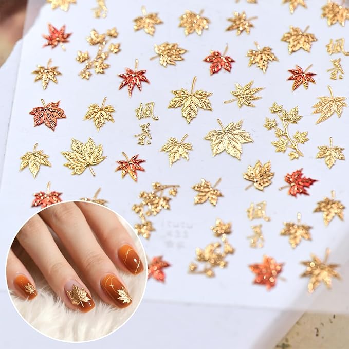 5D Embossed Autumn Maple Leaves Nail Art Stickers Decals Self-Adhesive Fall Nail Stickers Shiny Gold Maple Leaf Nails Design Sticker for Autumn Thanksgiving Day Women DIY Manicure Decorations 1Pcs