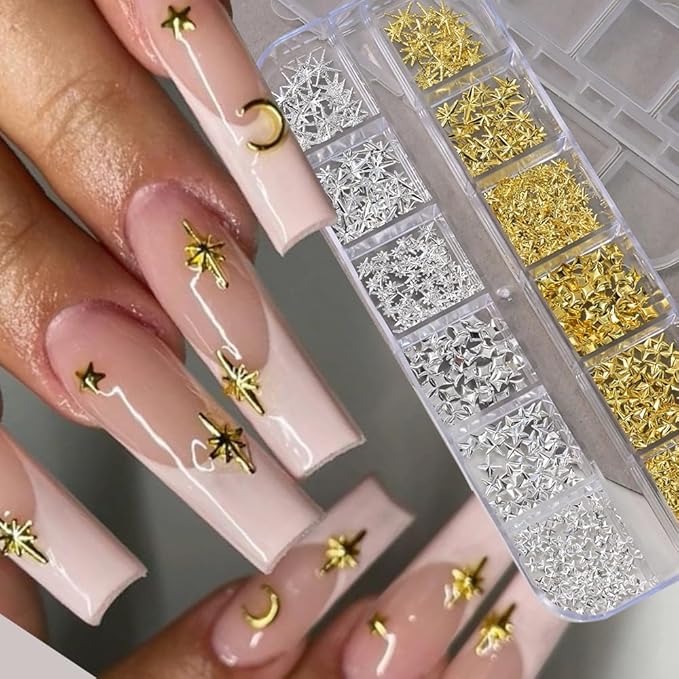 3D Star Nail Charms, Gold & Silver Multi-Shapes Metallic Nail Art Gems and Small Round Caviar Beads, Craft Jewels Nail Rhinestones Accessories Manicure Decor with Tweezers and Pick-up Pencil 4