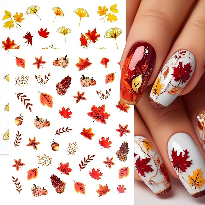 8 Sheets Autumn Maple Leaves Nail Stickers Glitter Pumpkin Nail Decals 3D Self-Adhesive Maple Leaf Nail Art Supplies Fall Ginkgo Leaf Stickers for Nails Thanksgiving Day Women DIY Manicure Decoration