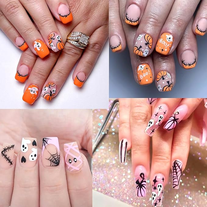 8 Sheets Nail Cute Ghost Nail Stickers for Nail Art 3D Self-Adhesive Pink Spider Web Pumpkin French Nail Art Decals Halloween Nail Art Supplies Goth Eye Starlight Nail Decals for Women DIY Manicure