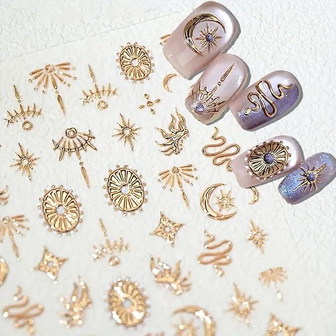 2 Sheets Gold Boho Nail Stickers for Nail Art Gold Star Moon Sun Snake Nail Decals 5D Embossed Nail Art Decals Self-Adhesive Stickers for DIY Nails Art Decoration