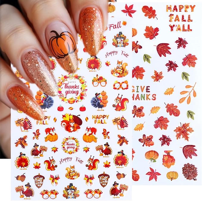 6 Sheets Fall 5D Embossed Nail Art Stickers Self-Adhesive Maple Leaf Pumpkin Nail Decals Cute Fox Turkey Squirrel Nail Design Stickers Thanksgiving Letters Acrylic Nails Art Supply for Women Manicure