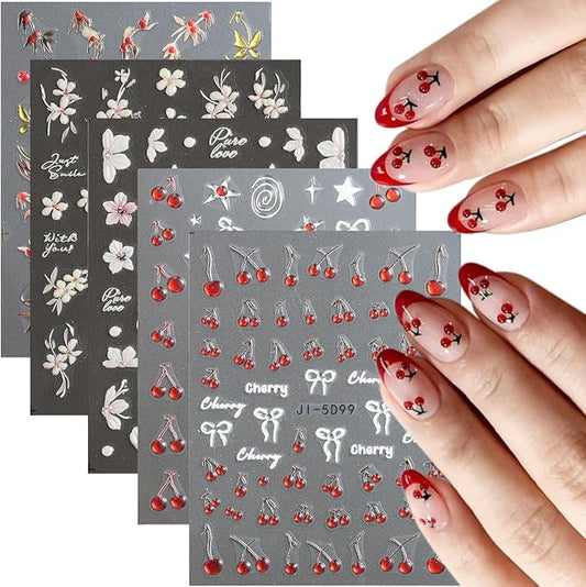 Cherry Nail Stickers 5 Sheets Cherry Blossom Nail Decals Spring Summer Fruits Nail Decoration 5D Embossed Stickers for Nail Art Bows Stars Butterfly Flowers Nail Stickers Manicure Supplies