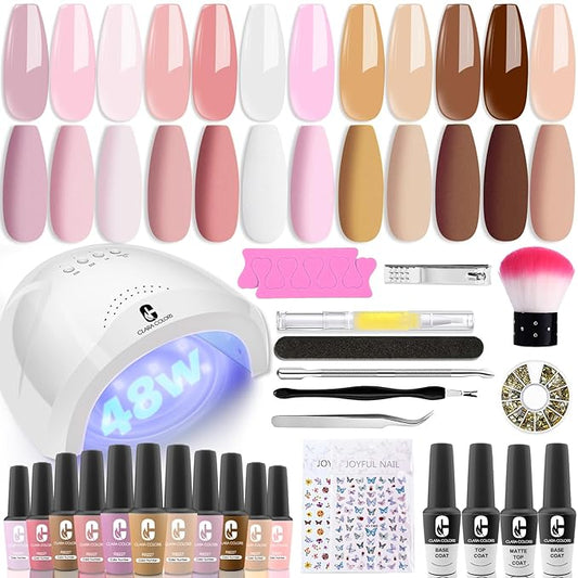 Clara Colors 12 Color Nude Gel Gel Nail Polish Set with UV Light, Base Coat, Glossy Matte Top Coat, Nail Lamp, Tools & Accessories for DIY Manicure