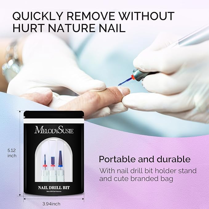 MelodySusie 3Pcs Nail Drill Bits Set, 3/32'' Carbide Tungsten Bits, Super Long 5 in 1, Flat Top Large Barrel and Cuticle Bits, Suitable for Manicure Pedicure Cuticle Gel Acrylic Remover, Purple