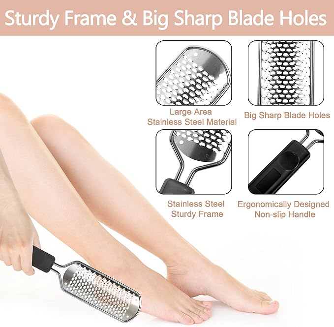 OWIIZI Foot File Pedicure Foot Scrubber for Callus Remover, Stainless Steel Foot Exfoliator Grater Feet Rasp Scraper Hard Cracked Dead Skin Removers for Wet and Dry Foot
